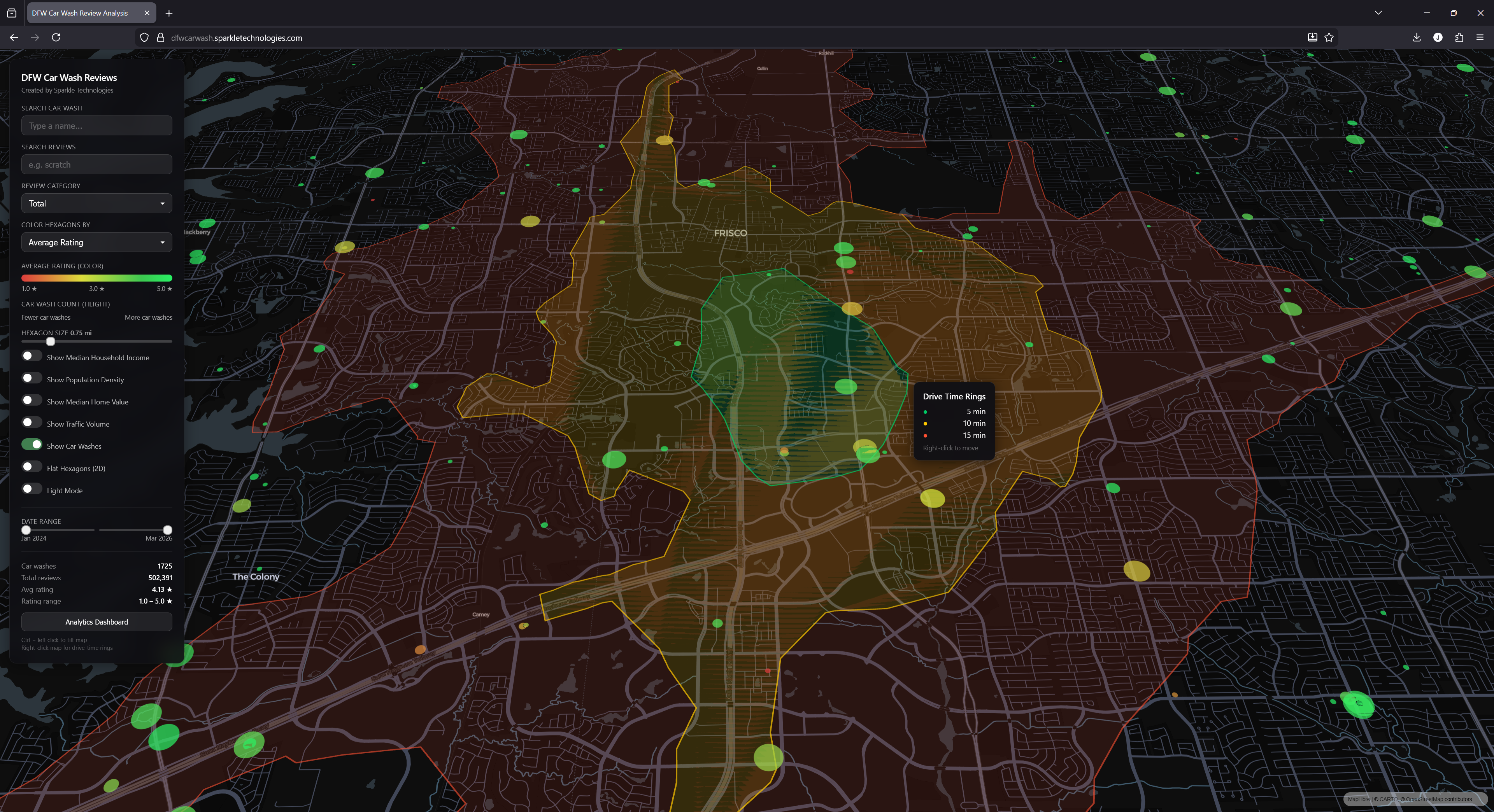 Drive-time isochrones showing 5, 10, and 15-minute rings around a location in Frisco, TX
