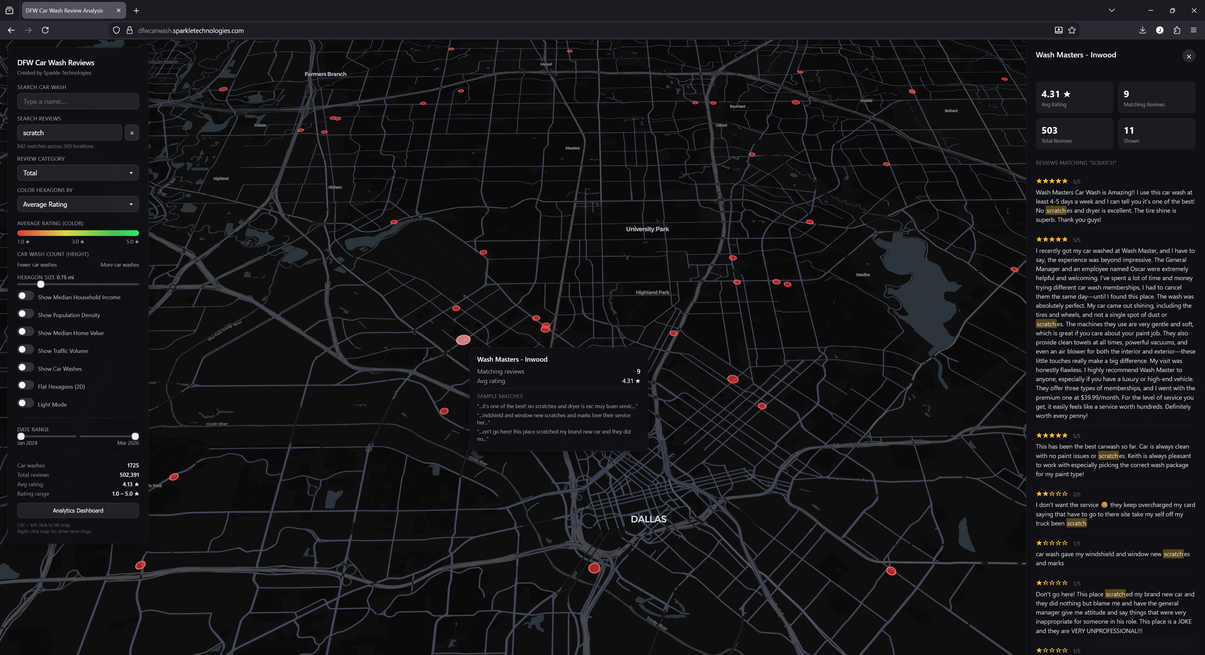 Keyword search for 'scratch' showing matching locations on the map with a review panel displaying highlighted matches