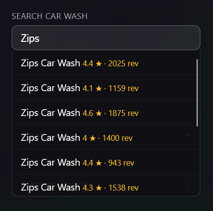 Search autocomplete showing multiple Zips Car Wash locations with ratings and review counts