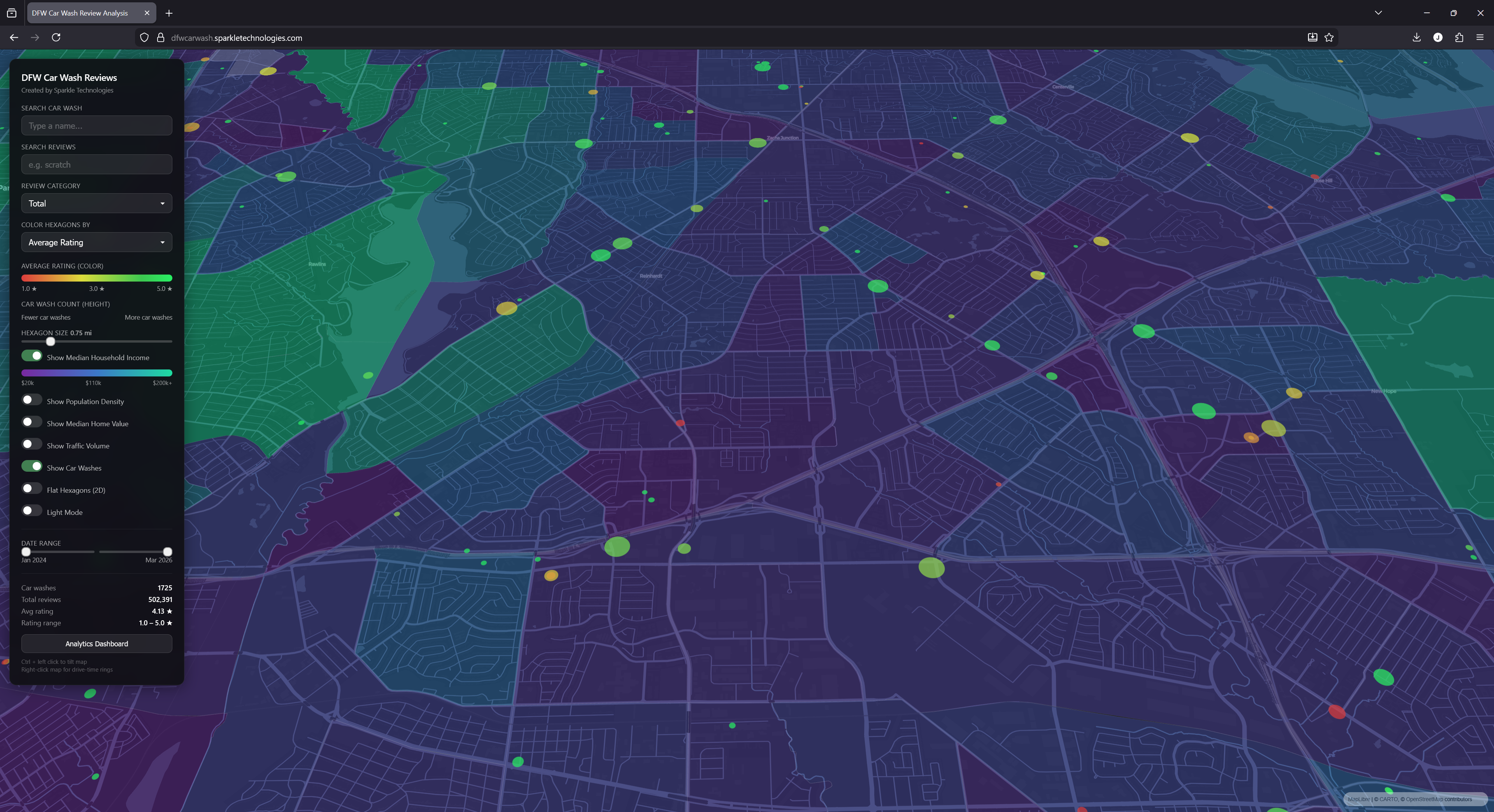 Zoomed in map showing median household income overlay with individual car wash locations