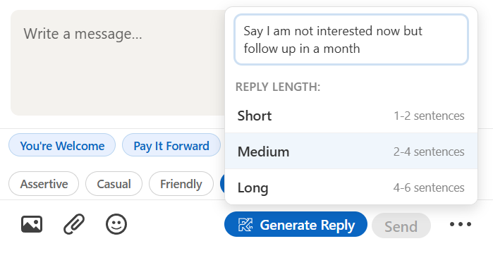 ReplyIn custom instructions panel — showing reply length options and custom instruction input