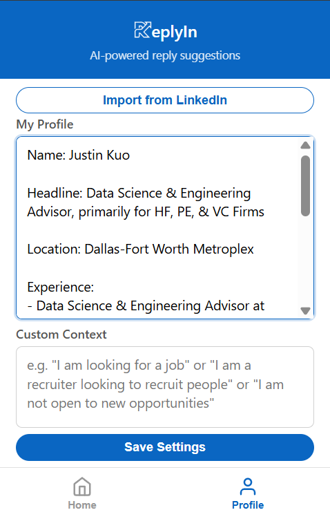 ReplyIn profile settings — Import from LinkedIn button, profile details, and custom context input