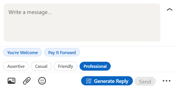 ReplyIn Smart Bar embedded in LinkedIn messaging — showing intent buttons, tone options, and Generate Reply button