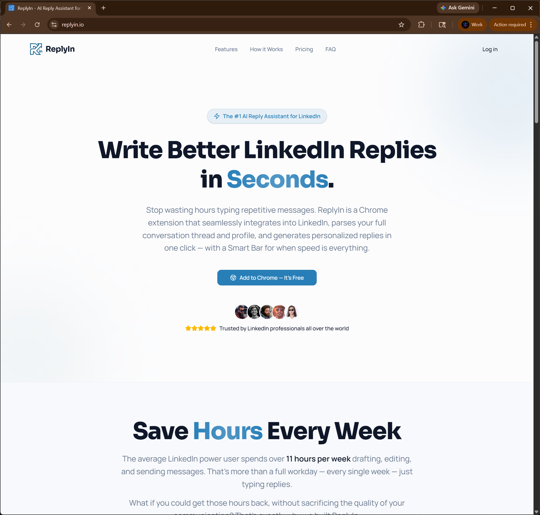 ReplyIn website landing page — AI Reply Assistant for LinkedIn
